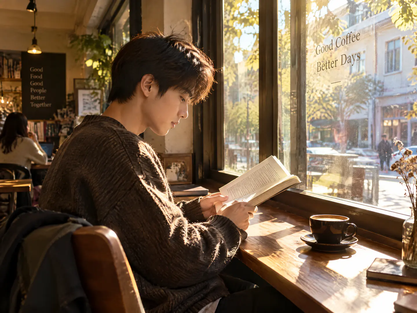 AIで生成した日常の写真:カフェの窓辺で本を読む若い男性、木のテーブルとコーヒーカップに午後の日差し、奥の黒板には装飾の英字