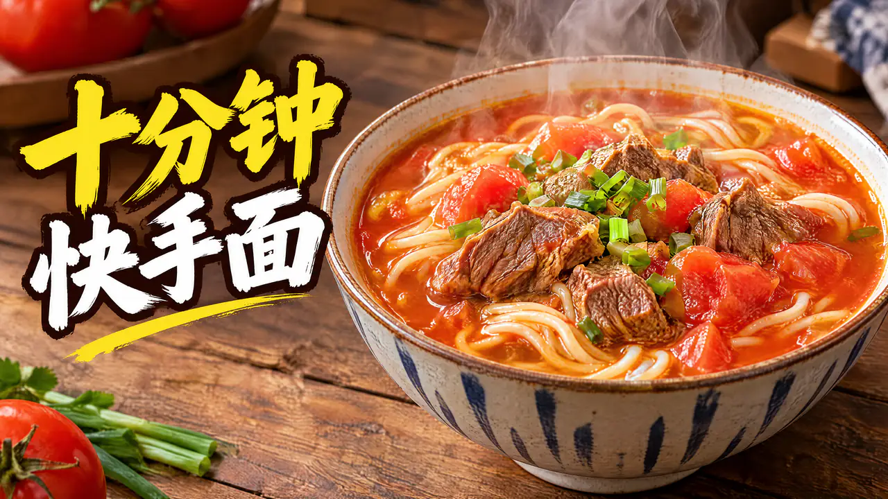AIで生成した16:9の料理動画のサムネイル:木のテーブルに湯気の立つトマト牛肉麺、左側に中国語の大きなタイトル「十分钟快手面」