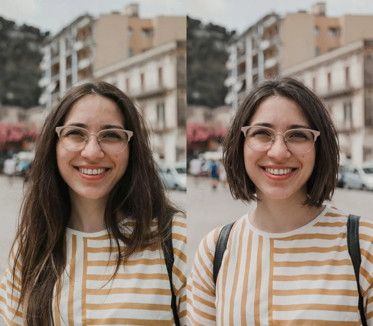 眼鏡をかけた女性の髪をロングからショートボブに変えた前後の比較