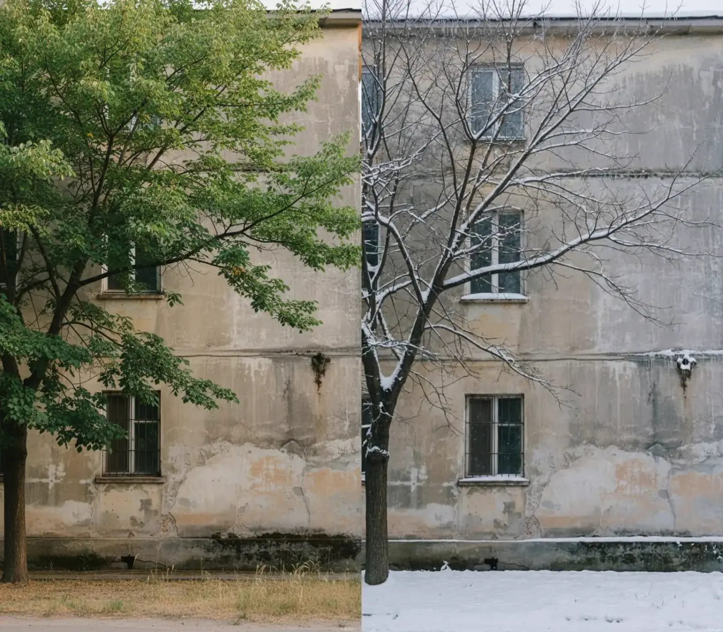 建物の前の木を緑の葉から冬の枝へ変更した例