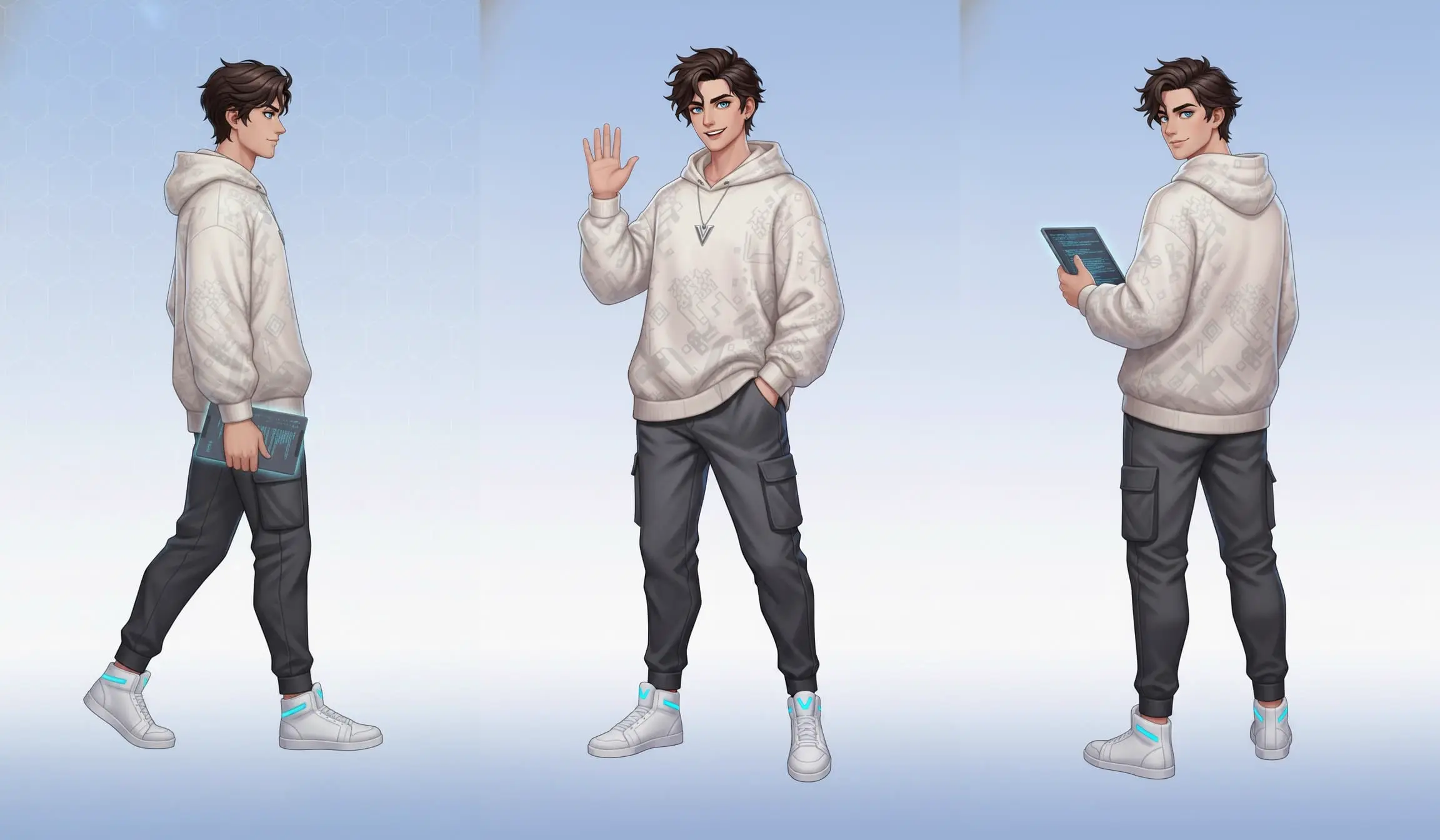 歩く、手を振る、振り返るキャラクターの動作イメージ